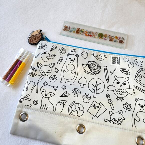 Like New Color Your Own Animal Pencil / Pen Pouch w/ pens and ruler - Picture 6 of 7